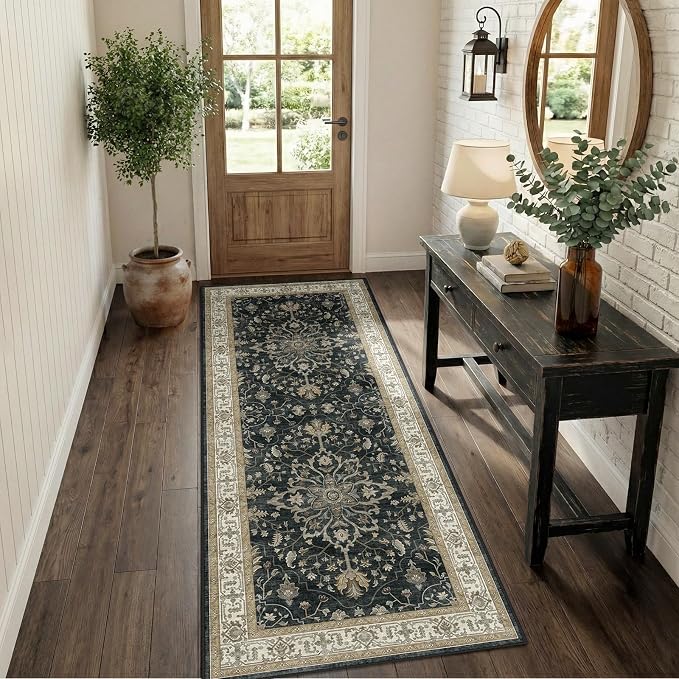 RELEANY Area Rugs Runner 2'x5' Washable Non-Slip, Floral Vintage Distress Medallion Carpet for Kitchen Hallway Bedroom Beside Laundry Room Bathroom, Vintage Black Brown Neutral
