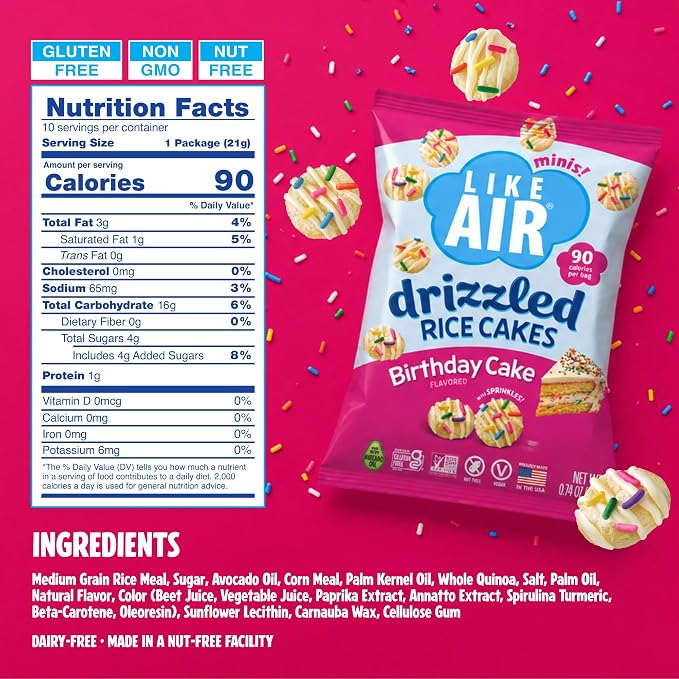 Like Air Drizzled Rice Cakes - Birthday Cake Snack Box(10ct) Vegan/Nut-Free | Birthday Cake Snack Pack (Pack of 10) - 90 Calories Per Bag, Gluten Free Snacks For Kids, Kosher