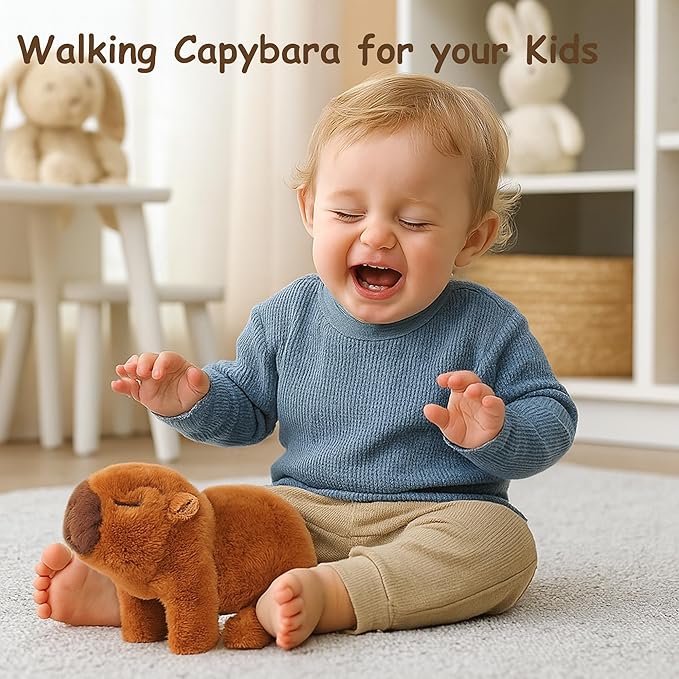 Easfan Walking Capybara Interactive Electronic Pet Plush Toy with Sounds and Movements Hopping Moving Educational Plush Toy Birthday Gifts for Kids Girls, 7'',Brown