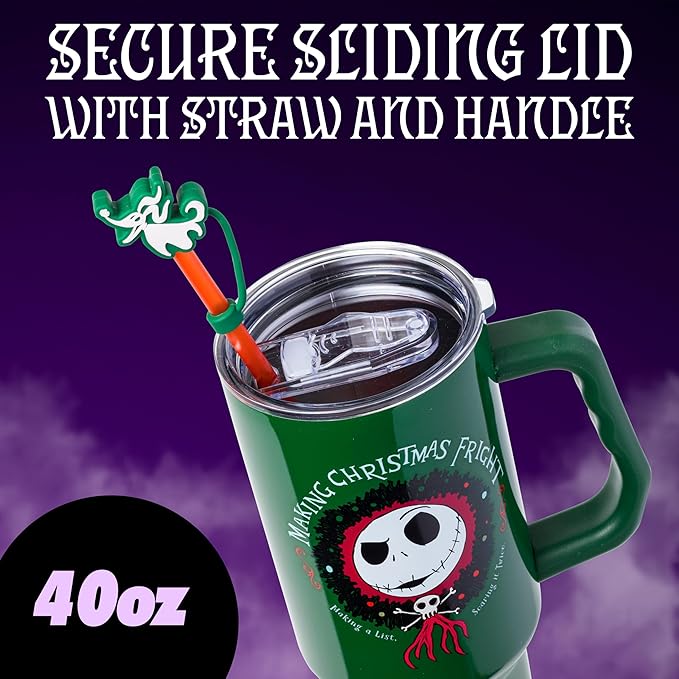 Silver Buffalo Disney Nightmare Before Christmas Making Xmas Fright Jack Skellington & Zero Double Walled Stainless Steel Tumbler w Handle, Straw, and Straw Cap, Fits in Standard Cup Holder, 40 Ounces