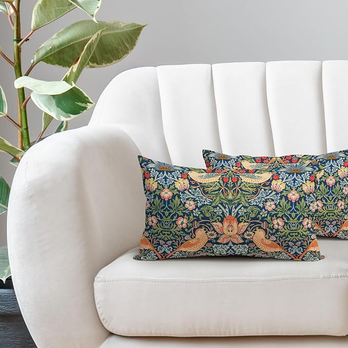 Chinoiserie Blue Sage Green Pimpernel Lumbar Pillow Covers 12X20 in Set of 2 Strawberry Floral Bird Colorful Pillow Cases Vintage Art Flower Pillow Modern Home Decor for Couch Patio Porch