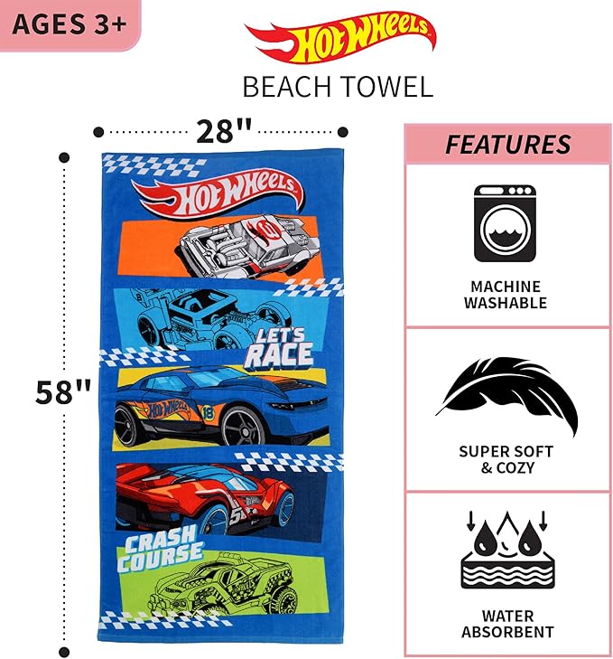 Franco Kids Super Soft Cotton Bath/Pool/Beach Towel, 58 In x 28 In, Hot Wheels