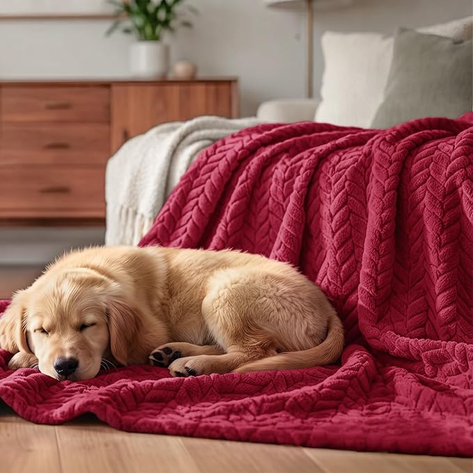 Exclusivo Mezcla Soft Fleece Bed Blanket Twin Size, 60”x80”, Deep Red | Cozy Fluffy Lightweight Blankets for Summer, Decorative Plush Flannel Throws for Living room, Bedroom with Leaves Pattern