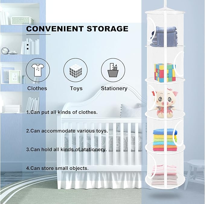 2Pcs Hanging Mesh Space Saver Bags Organizer, Foldable Stuffed Animal Storage Organizer 5 Compartments Toy Storage Organizer for Kid Room Toys, Gloves,Hats,Socks Storage, White