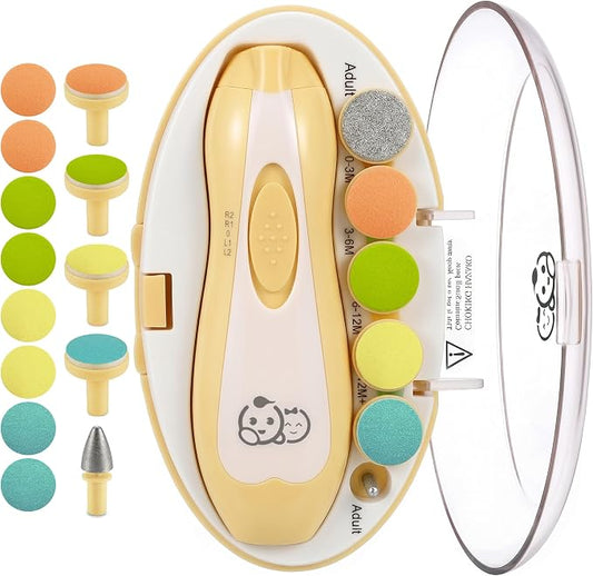 Royal Angels Upgraded 21 in 1 Baby Nail Trimmer with Labeled Case, 13 Extra Replacement Pads, Safe Electric Baby Nail File Kit for Newborn & Toddler, Whisper Quiet Nail Clipper with LED Light (Yellow)