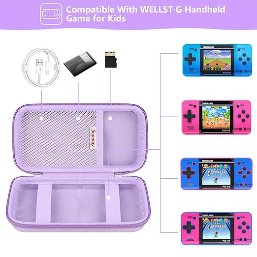 Supmay Carrying Case Compatible with WELLST·G/ for GuaiyeyeAP Handheld Game for Kids -Preloaded 220 Retro Video Games, Portable Gaming Player Storage Holder Travel Bag with Mesh Pocket, Purple