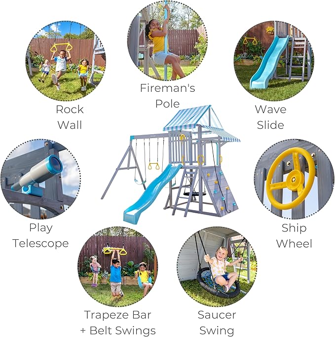 Teamson Kids Laguna Outdoor Wooden Swing Set with Slide, Rock Climbing Wall, Fireman Pole & Trapeze Bar, Gray & Aqua, Backyard Playset for Toddlers and Kids Ages 3–10