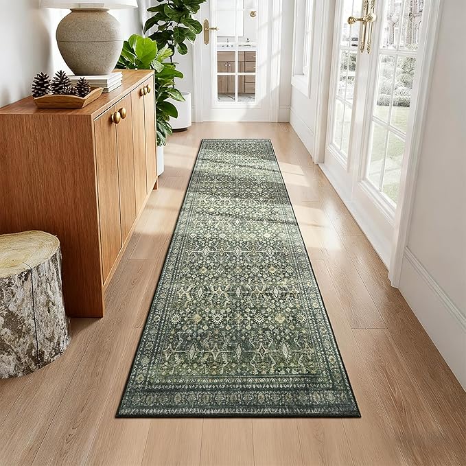 3' X 8' Area Rugs for Hallways, Green Washable Non-Slip Kitchen Runner Rug | Low Pile Runner Rugs, Soft Carpet for Kitchen Bathroom Bedroom Laundry, Stain Resistant Foldable Vintage Distressed Rug