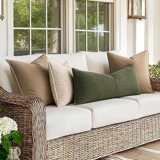 MIULEE Decorative Linen Lumbar Pillow Cover 14x36 Inch Dark Olive Green | Boho Farmhouse Neutral Couch Long Throw Pillow for Bed, Pack of 1 Accent Modern Pillowcase, Sofa Livingroom Home Decor