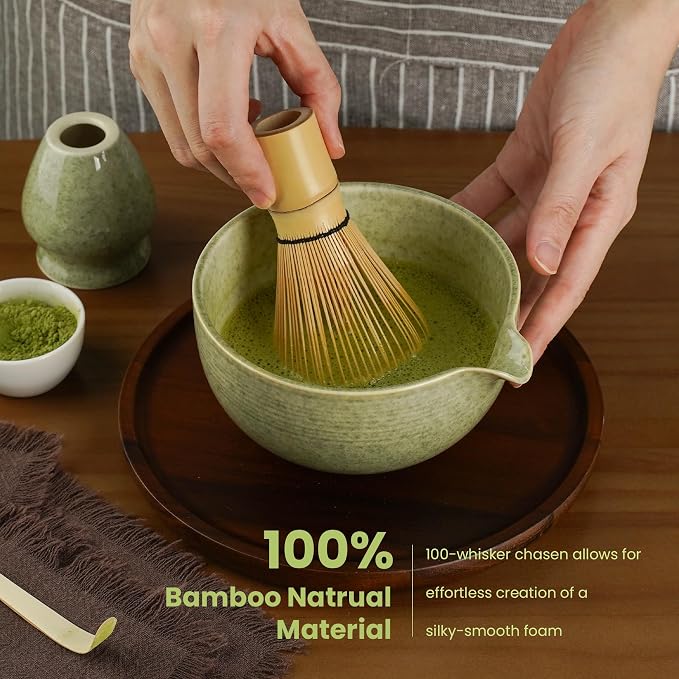 Matcha Whisk Set, Ceramic Bowl Matcha Kit & Handcrafted Bamboo Chasen, Complete 5 Pcs Matcha Set Whisk and Bowl, Stainless Steel Sifter, Bamboo Scoop & Holder for Matcha Lovers