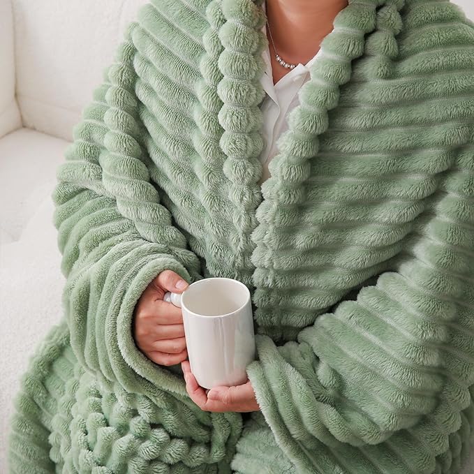 Sage Green Fleece Throw Blanket 50”×60” for Couch Sofa Livingroom | Super Soft Cozy Plush Microfiber Flannel Bed Blanket Striped Design Lightweight Home Decor Gifts for Adults Mom Women