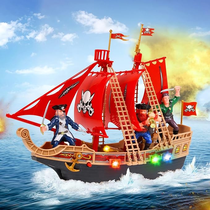 2-Pack Toy Pirate Ship Boat Adventure Playset with Lights Sounds Action Figures, Red, Boys, Ages 3+