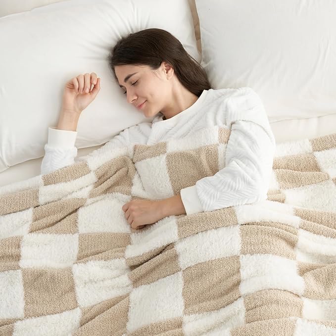 Snuggle Sac Fall Checkered Throw Blanket Faux Fur Microfiber Blankets for Couch,Cozy Soft Warm Blanket for Sofa Bedroom Living Room,Beige Checker,50x60 inches