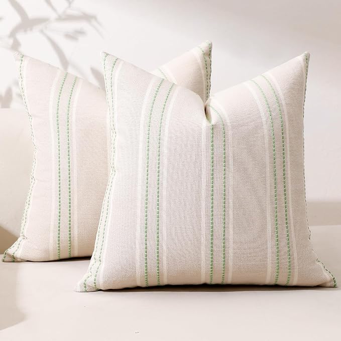 Hckot Stripe Throw Pillow Covers 24x24 Set of 2 Light Green Pillow Covers | Large Farmhouse Decorative Pillows Textured Linen Square Cushion Covers for Sofa Couch Bed Living Room Decor
