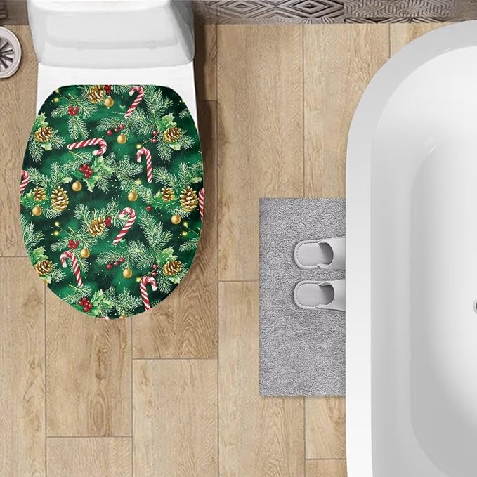 Christmas Candy Cane Toilet Seat Lid Cover for Bathroom Christmas Decorations Holly Toilet Lid Cover with Elastic Band Elongated Universal Toilet Tank Cover Replacement Toilet Bathroom Cover