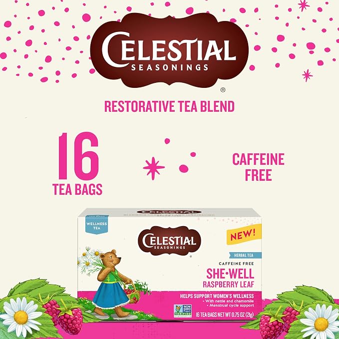 Celestial Seasonings SheWell Raspberry Leaf Wellness Tea, Caffeine Free, 16 Tea Bags Box (Pack of 2)