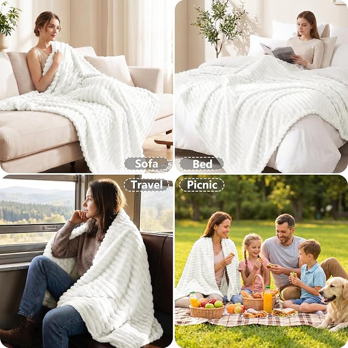Off White Twin Blanket for Bed & Couch, 60 x 80 Inch | 300GSM Ribbed Fleece Blanket, Soft, Cozy & Lightweight, OEKO-TEX Certified, All-Season Use for Travel, Dorm & Home Decor