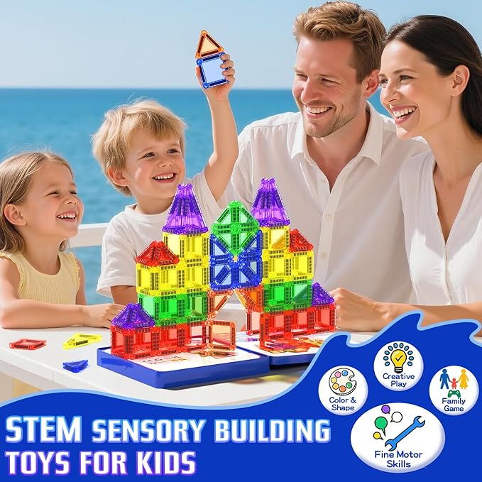 Travel Mini Magnetic Tiles 60 PCS, STEM Yoys Magnetic Building Toys for Kids Ages 4-8 with Iron Case, Blocks Building Preschool Learning Sensory Montessori Toys for 3+ Year Old Boys and Girls