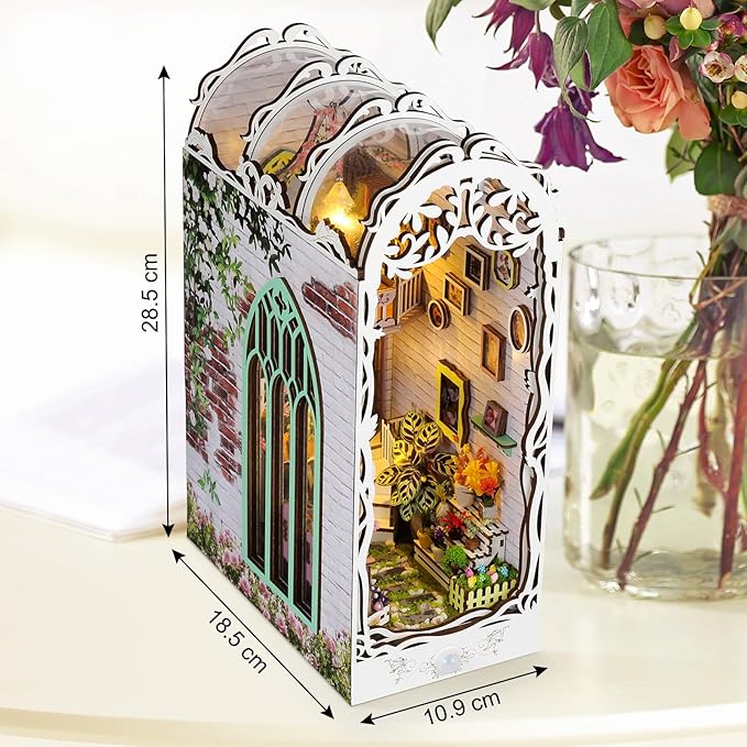 Foyucool Book Nook Kit - DIY Miniature Dollhouse Kits for Adults, Booknook Bookshelf Insert with LED Light, 3D Wooden Puzzle Bookend Insert, Hobbies Gifts for Family and Friends, Flower House