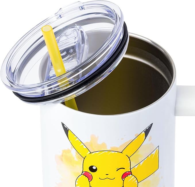 Silver Buffalo Pokémon Double Walled Stainless Steel Tumbler with Handle Featuring Pikachu, Fits in Standard Cup Holder, 40 Ounces