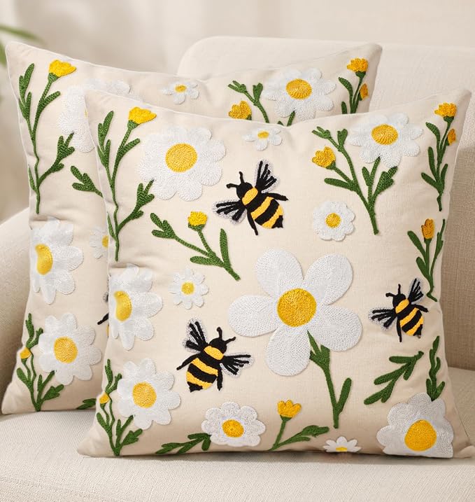 Embroidered Throw Pillow Covers 18x18 Inch, 2Pack, Flower Bee | Decorative Pillow Covers Set of 2, Farmhouse Cushion Cases with Hidden Zipper, Floral Decor for Couch, Sofa, Living Room