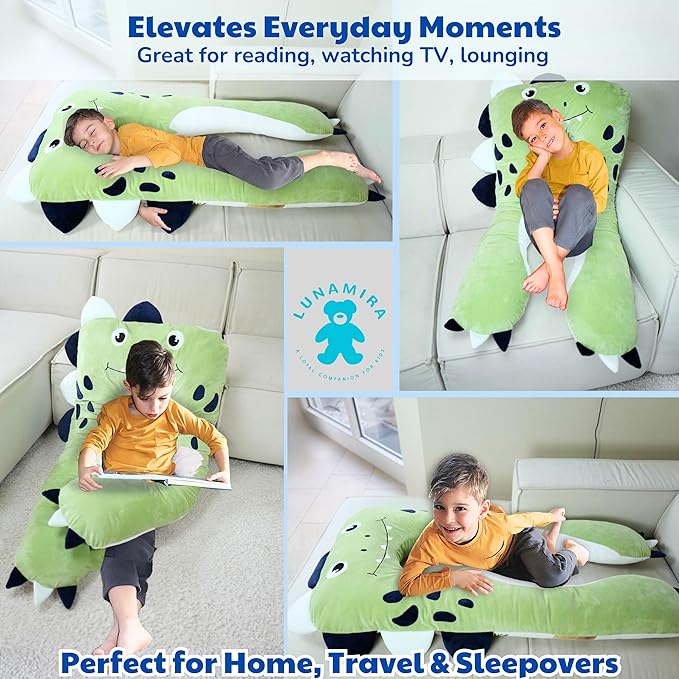 LUNAMIRA Dino Kids Body Pillow - 47" U-Shape Long Plush Soft Animal Pillow for Kids, Sleeping, Reading, ADHD & Special Needs Comfort, Anxiety, Washable Cover, Snuggle Fun Cuddle Gift for Boys & Girls