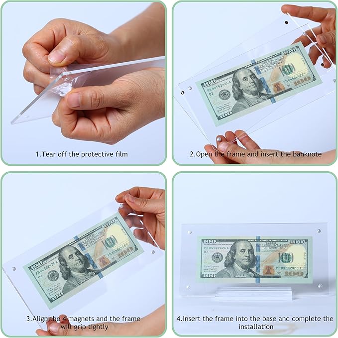 4 Pcs Dollar Bill Frame Display Acrylic Dollar Bill Holder for Collectors Currency Frame Display Case Double-Sided Transparent Ticket Banknotes Stamp Photo Protector(Transparent-4)