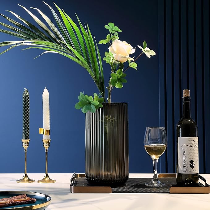 Large Cylinder Ribbed Brown Glass Flower Vase for Farmhouse Dining Table Centerpieces Decor