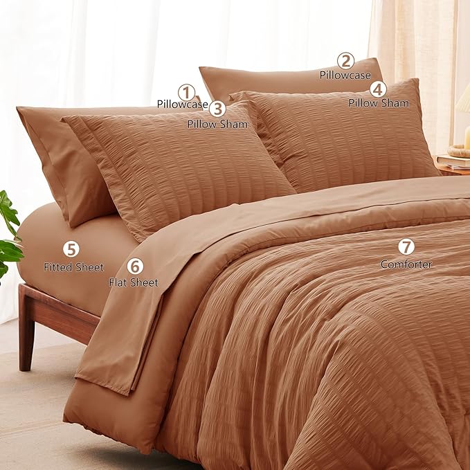 CozyLux King Size Comforter Set Pumpkin Seersucker 7 Pieces Bed in a Bag King Comforter Set with Sheets, Luxury Soft Bedding Set with Down Alternative Comforter, Sheets, Pillowcases & Shams All Season