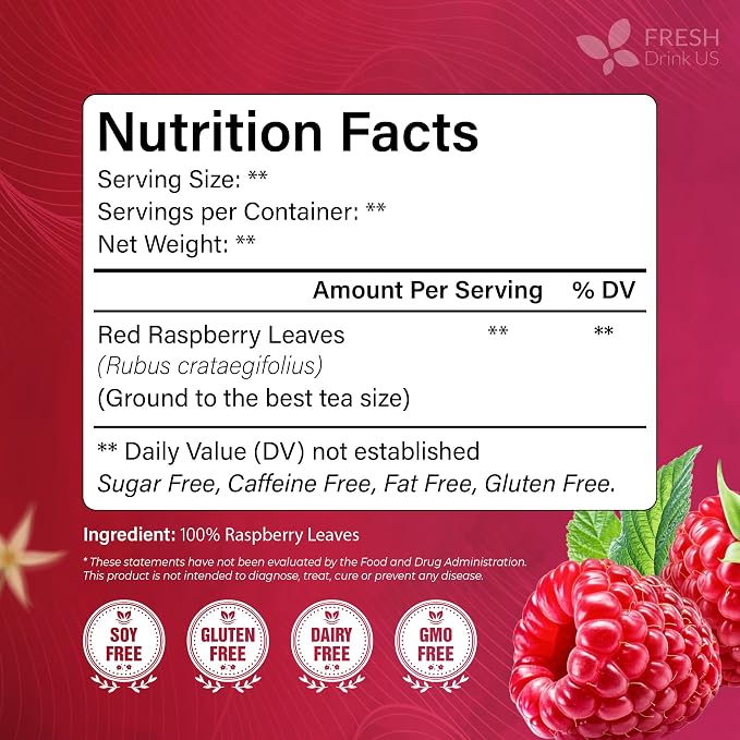 FreshDrinkUS, 75 Bags Premium Raspberry Leaf Teawith Chamomile Flavor, Eases Menstrual Cramps & Supports Healthy Pregnancy, Naturally, Caffeine-Free, Sugar Free, Vegan