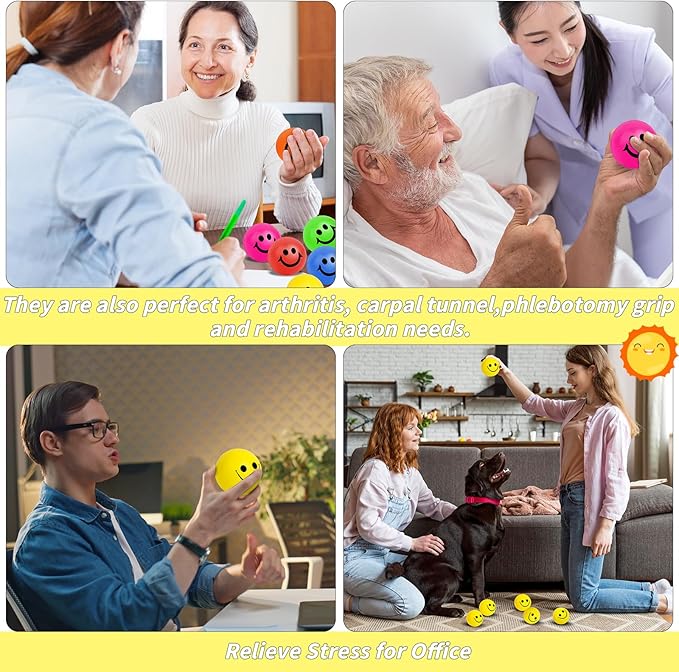 96 Pack Smile Face Stress Balls Bulk 2 Inch Funny Face Stress Relief Balls Yellow Mini Squeeze Balls Foam Smile Face Toys for Finger Exercise, School Prizes, Party Bag Fillers