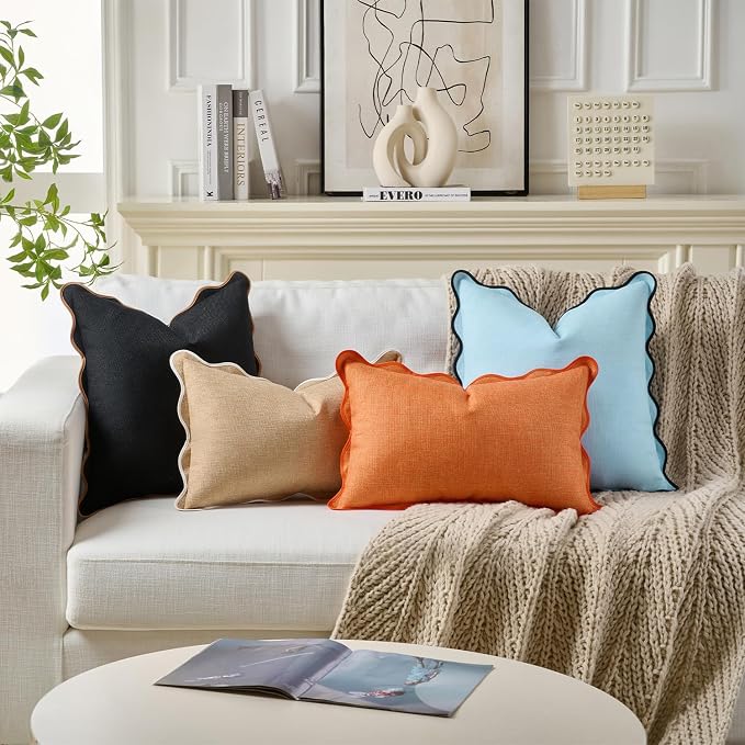 Scalloped Throw Pillow Covers Set of 2 for Living Room, Boho Sytle Decorative Home (Blue & Teal, 18x18 Inch)