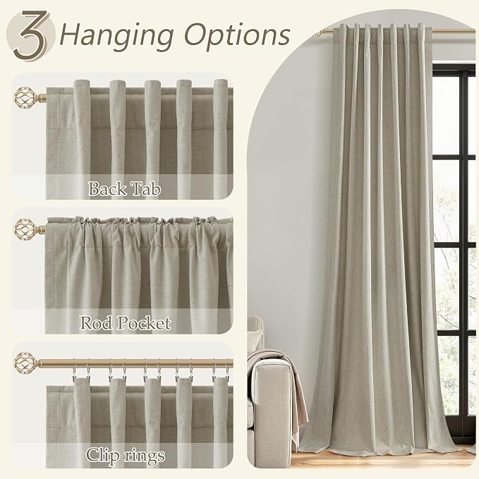 Extra Long 100% Blackout Linen Curtains for Bedroom 120 inches Long 10 FT, Thermal Insulated Room Darkening Black Out Window Drapes for Living Room, Back Tab Rod Pocket 2 Panels Set,Grey Flax,52x120