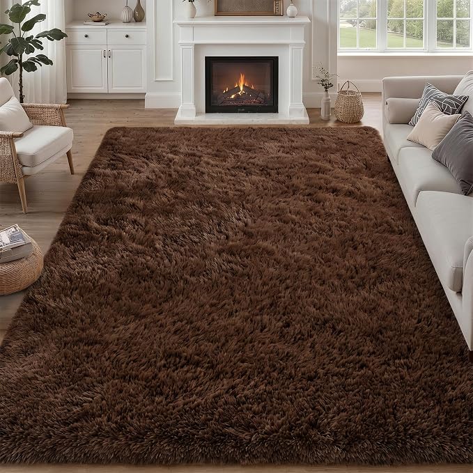 8x10 Area Rugs for Living Room Bedroom: Ultra Soft Fluffy Shag Rug Upgrade Non-Slip Non-Shedding Large Fuzzy Plush Carpet Indoor Floor Carpets for Kids Room Playroom Nursery Dorms Home Decor Brown