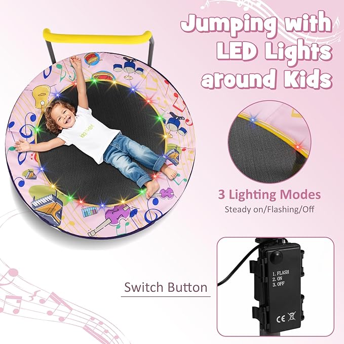GYMAX 36” Toddler Trampoline with Lights, Folding Springless ASTM Approved Small Kids Rebounder with Foam Handle, Safety Padded Cover & Foldable Legs, Mini Indoor Baby Trampolines