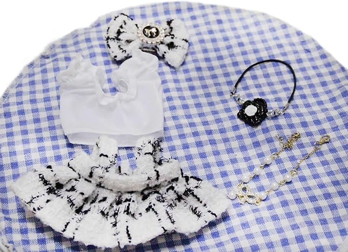 17cm Doll Clothes Set and Accessories Suit,(NO Doll) 5-Piece Set, Outfits for Clothes Set, Dolls Keychain Accessories, Includes Dress, White Clothes，Matching Hair Bow, Necklace, Bags(White)