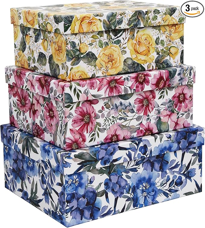 3-Piece Decorative Storage Boxes with Lids, Watercolor Floral Design Inspired by Garden Blooms, Cardboard Keepsake Box Set, Photo & Memory Storage for Home Decor and Modern Organization