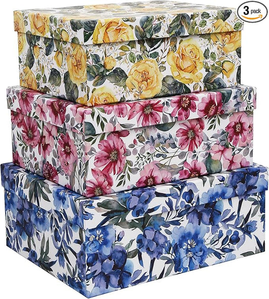 3-Piece Decorative Storage Boxes with Lids, Watercolor Floral Design Inspired by Garden Blooms, Cardboard Keepsake Box Set, Photo & Memory Storage for Home Decor and Modern Organization
