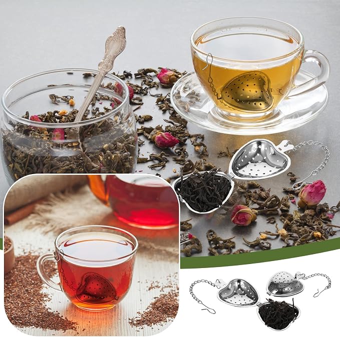 Sumind 100 Pcs Tea Strainer Stainless Steel Tea Ball Infuser Loose Leaf Tea Steeper Tea Interval Diffuser Heart Shape Mesh Tea Filters with Extended Chain Hook for Seasonings Cup Bottle (Silver)