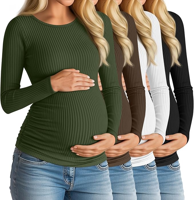 Huukeay 4 Pack Women's Maternity Shirts, Long Sleeve Cotton Ribbed Pregnancy Tops Side Ruched Crew Neck Casual Mama Clothes