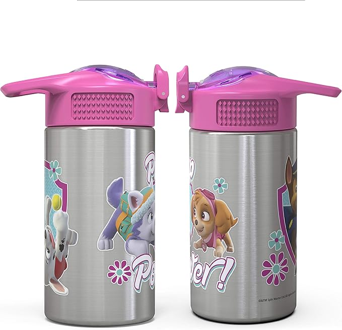 Zak Designs Paw Patrol Skye - Stainless Steel Water Bottle with One Hand Operation Action Lid and Built-in Carrying Loop, Straw Spout is Perfect for Kids (15.5 oz)