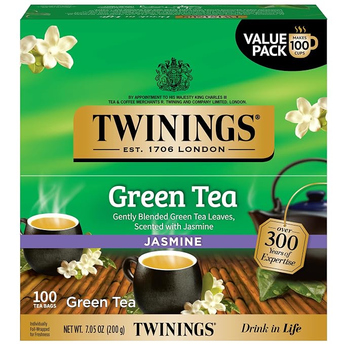 Twinings Green Tea with Jasmine Individually Wrapped Bags, 100 Count (Pack of 1), Fragrant Floral Scent, Caffeinated, Enjoy Hot or Iced, 100 Teabags