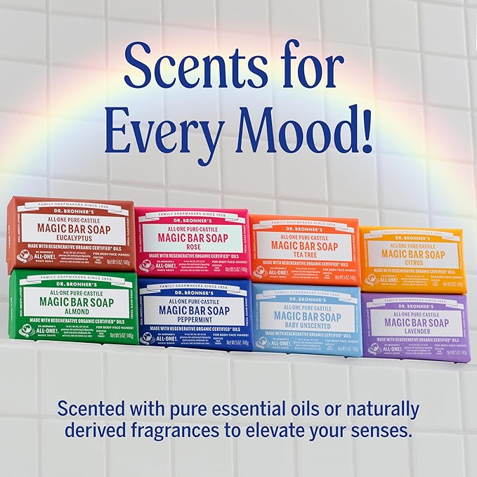 Dr. Bronner's Pure-Castile Magic Soap Bars (Lavender, 5 oz, 6-Pack)- Bath Soap with Regenerative Organic Certified Oils- For Face, Body & Hair - Gentle, Biodegradable, Vegan- Bar Soaps for Men & Women
