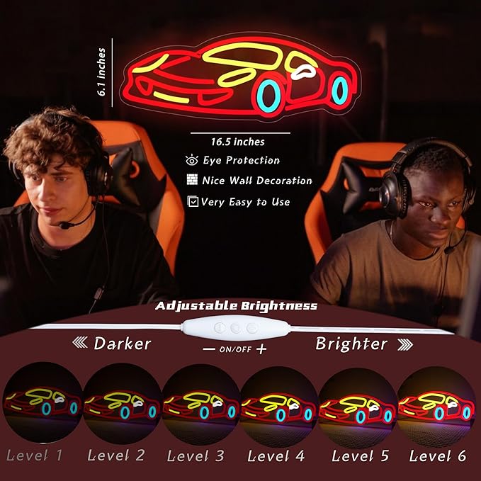 Racing Toy Neon Sign Kids Toy Car Themed Neon Light Dimable Led Car Sign Brighten Your Child's Playroom Game Room Car Room With This Glowing Racing Car Decor Birthday Party Gifts(16.5 * 6.1in)