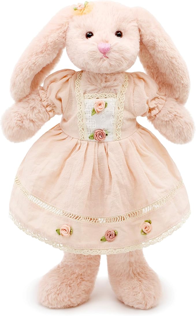 Small Soft Stuffed Animal Bunny Rabbit Plush Toy for Baby Girls 15inch (Pink Rabbit Wearing Pink Vintage Dress)