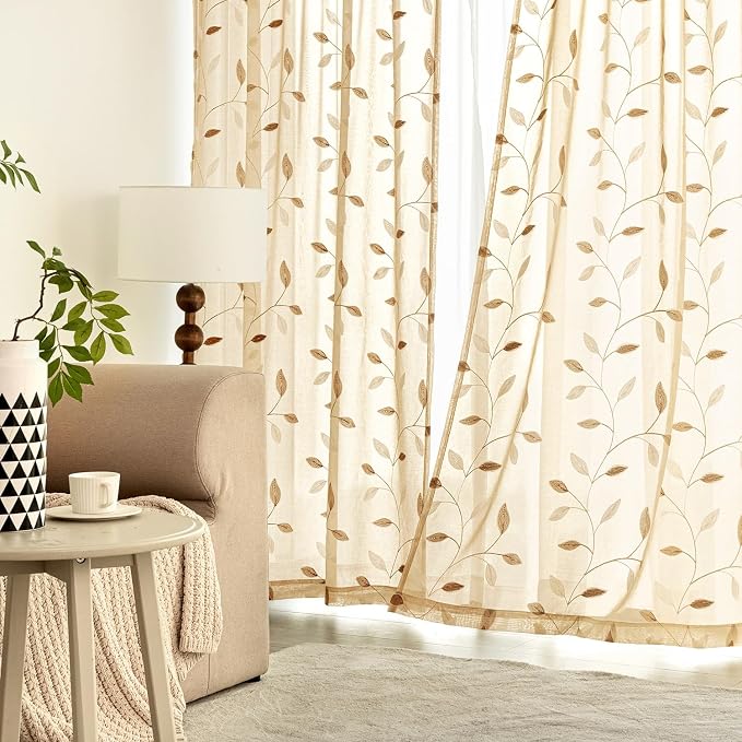 MIULEE Khaki Sheer Curtains 2 Panels Embroidered Leaf Patterned Rod Pocket Floral Semi Sheer Faux Linen Short Window Curtains Drapes Set for Kitchen Living Room Bedroom, 52x45 Inches Length