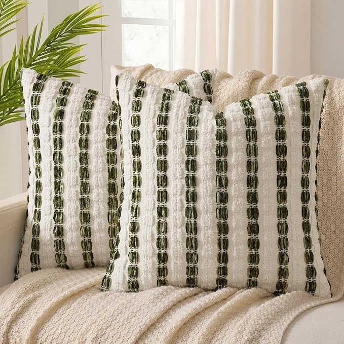ANRODUO Boho Chenille Decorative Pillow Covers 20x20 Set of 2 Green White | Textured Tufted Stripes Woven Cushion Case, Farmhouse Accent Neutral Pillowcase for Couch Sofa Bed Living, Room Decor
