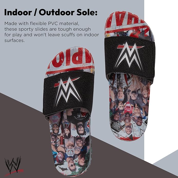 WWE Men's Slides Sandals – John Cena Roman Reigns Seth Rollins Championship Belt Slip-On Pool Beach Shoes for Men