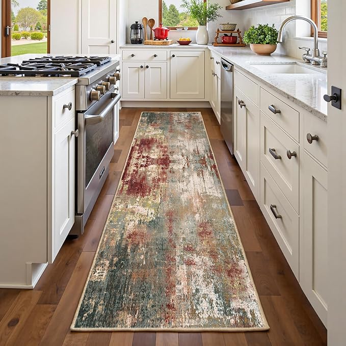 RELEANY Washable Runner 2'x6' Abstract Area Rug for Hallway Rustic Brown | carpet for kitchen, entryway, bathroom, living room, bedroom, printed pattern, non-slip, soft, stain-resistant, easy to clean