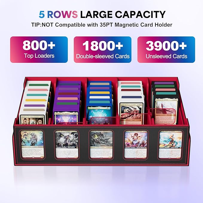 UAONO Trading Card Storage Box with Commander Display;3900+ Card Box for MTG, Removable Cover; 5 Row Case fits MTG TCG Sports Cards 48 Dividers,5 Stoppers,5 Top Loaders,1 Dice Box(Black, Red)